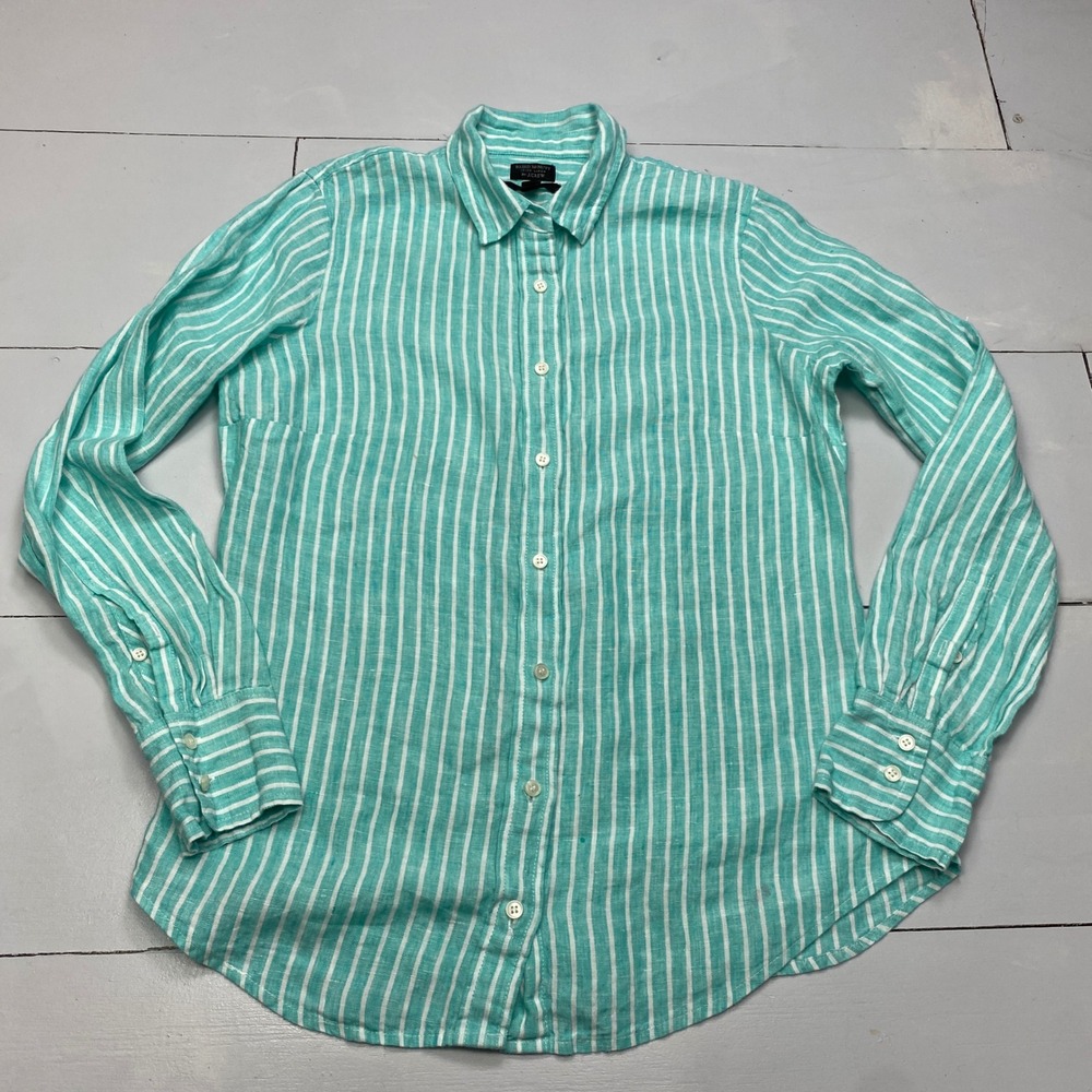 J.Crew Baird McNutt Irish Linen Shirt Womens 4 Teal White Striped Long Sleeve
